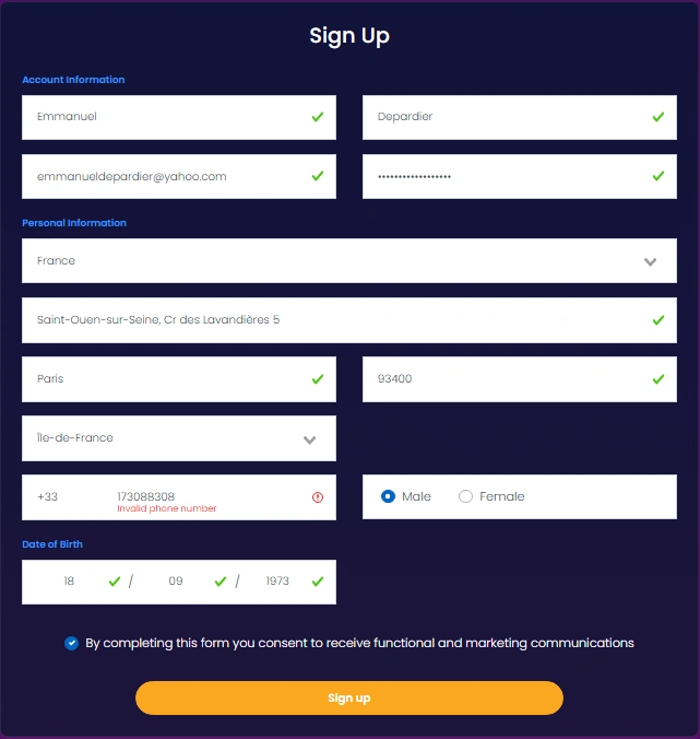 Royal Ace Casino registration form